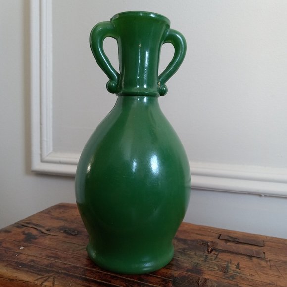 Vintage Green Glass Double Handled Vase Fired On Green Hazel Atlas ?
